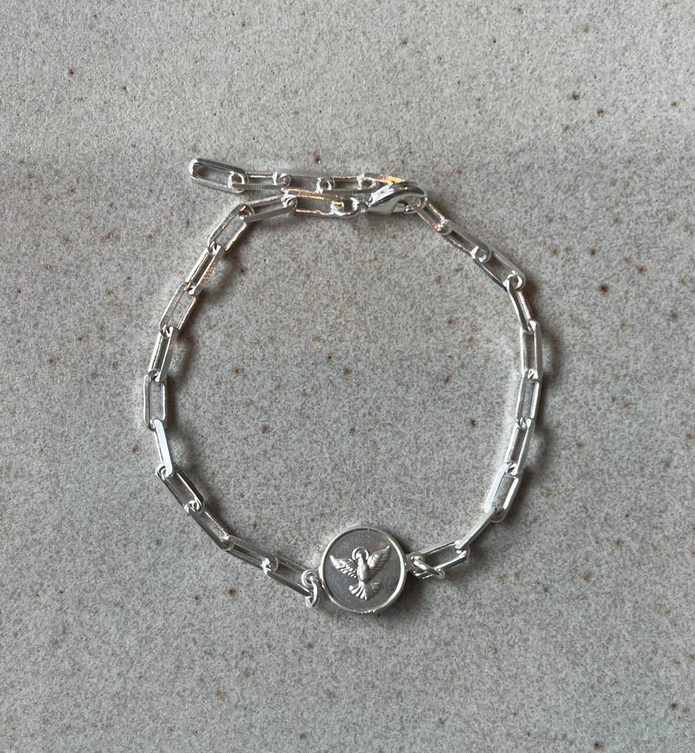 Pulsera de mujer cadena cartier con conector Espíritu Santo. Bronce enchapado en plata. 21cm ajustable (R25)