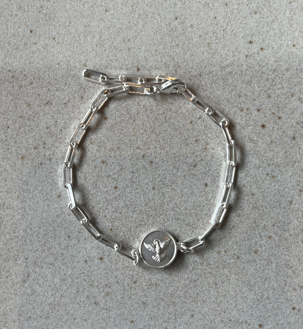 Pulsera de mujer cadena cartier con conector Espíritu Santo. Bronce enchapado en plata. 21cm ajustable (R25)